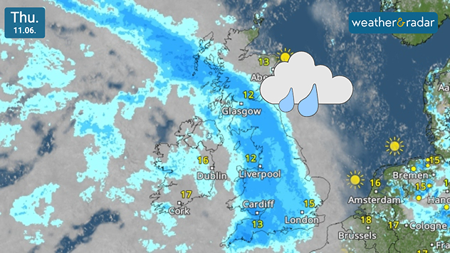 Satellite weather map of the UK on Thursday 11.06 showing a broad band of rain stretching from Scotland through northern England to southern Britain, with a rain cloud icon and temperatures around 12 - 17°C.