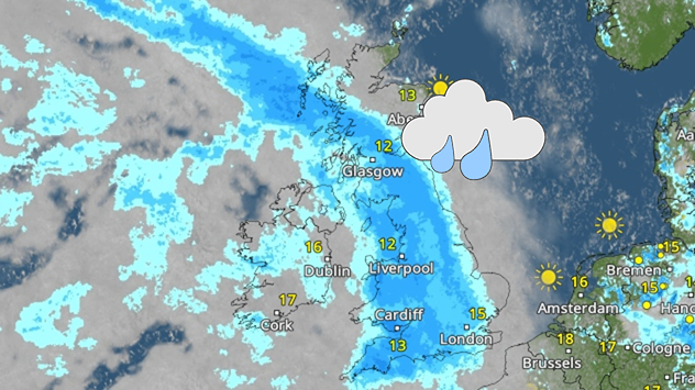 Satellite weather map of the UK on Thursday 11.06 showing a broad band of rain stretching from Scotland through northern England to southern Britain, with a rain cloud icon and temperatures around 12–17°C.