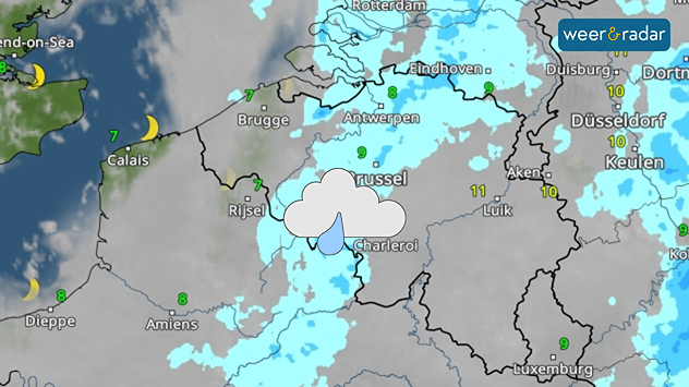 De WeerRadar toont bewolking en af en toe lichte regen. Dat symbool is ook ingetekend.