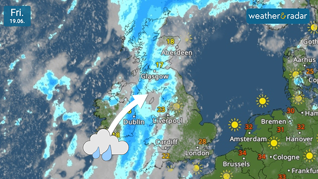 Satellite weather map of the UK showing a narrow band of rain stretching from northern Scotland through western Britain and Ireland, while southeastern England remains warm and sunny with temperatures reaching 28°C and nearby continental Europe exceeding 30°C.