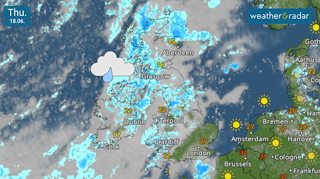 Satellite weather map of the UK on Thursday 18.06 showing widespread showers and cloud across Scotland, Ireland, and northern England, while southeastern England remains warmer and brighter with temperatures reaching 27°C.