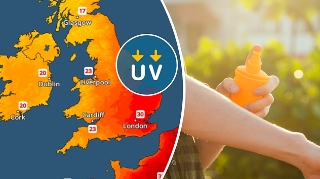 Split graphic showing a UK temperature map with temperatures reaching 30°C near London on the left and a person applying sunscreen in bright sunshine on the right, with a UV warning symbol highlighting elevated ultraviolet levels.