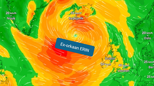 Het windveld van de voormalige orkaan ERIN heeft een diameter van ongeveer 3000 kilometer.