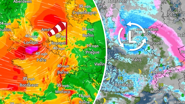 Split weather graphic with wind radar on the left and weather radar on the right. Strong wind fields and heavy precipitation over Central Europe. Depiction of an approaching storm depression.