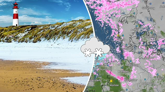 Links: Winterlicher Strand mit Schnee und Leuchtturm auf Sylt – blauer Himmel trifft auf vereiste Dünen. Rechts: WetterRadar-Karte vom 6. Januar zeigt starke Schneeschauer über der Nordsee, ausgelöst durch den Lake-Effekt – markiert durch kräftige Schneesymbole.