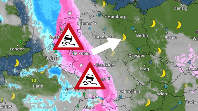 WetterRadar zeigt in einem Gebiet von NRW bis nach Baden Württemberg Schneefälle am Sonntagabend.