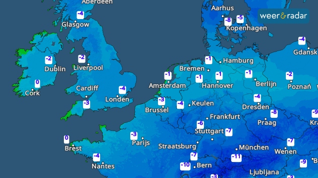 De TemperatuurRadar toont in alle landen rondom de Benelux temperaturen onder het vriespunt.