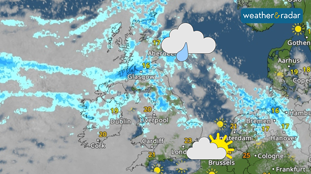 Weather map of the UK and Ireland showing scattered showers over Scotland and northern England, patchy rain bands over the North Sea, and sunny intervals across southern England, Belgium, and the Netherlands, with temperatures ranging from 16 to 25 °C.