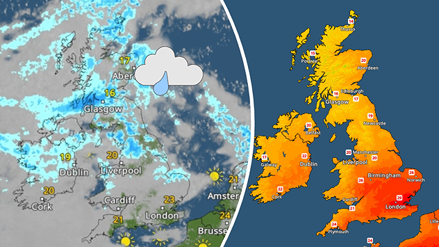 Split weather graphic showing a weather radar with scattered showers across Scotland and UK's north on the left, and a UK/Ireland temperature map on teh right with warm conditions and temperatures reaching 29 °C in southeast England.