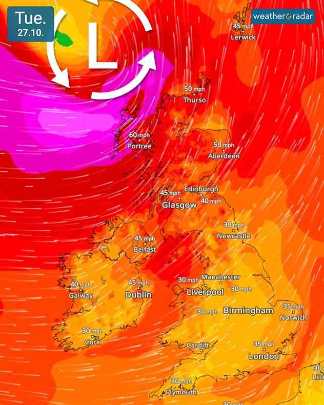 Wind forecast for Tuesday 27.10 showing deep Atlantic low pressure northwest of Scotland, with 60 mph near Portree and 50 mph near Aberdeen and Thurso.