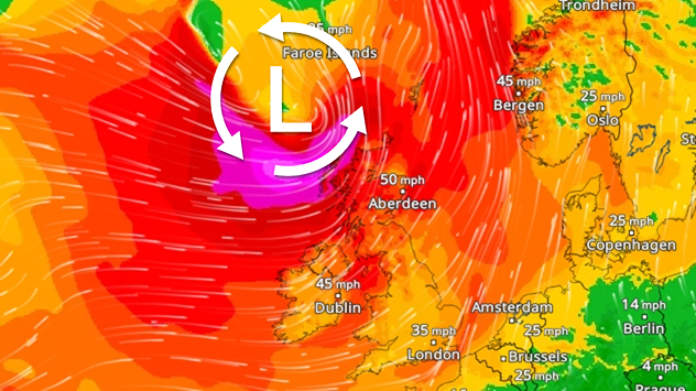 Wind map showing intense low pressure near the Faroe Islands, with 50 mph winds near Aberdeen, 45 mph near Dublin and Bergen, and purple storm zones.