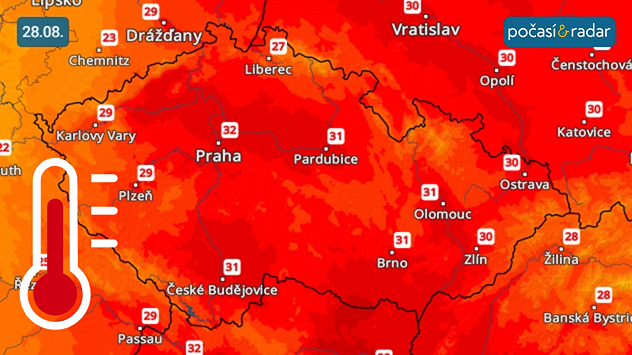 Předpověď maximálních teplot v Česku na čtvrtek 28. 8. Ve čtvrtek dosáhnou maximální teploty v Česku až 32 °C.