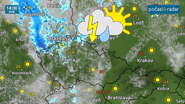 Meteoradar, screenshot, 29. 8. 14:00. Vlnící se studená fronta bude nad Česko přinášet přechodně zvětšenou oblačnost s přeháňkami i bouřkami i v pátek, kdy v Čechách již nejvyšší denní teploty zůstanou do 25 °C, na Moravě a ve Slezsku se bude ještě oteplovat až ke 30 °C.
