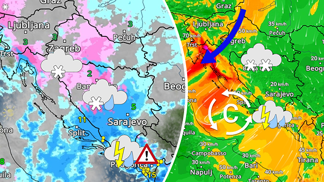 Zima se širi kopnom. Jadran, obilna kiša