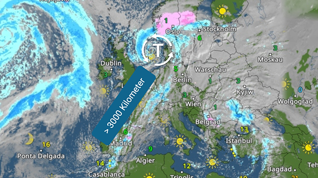 Das WetterRadar von Europa zeigt am Sonntag eine Tiefdruckspirale mit einem sehr langen Regenband.