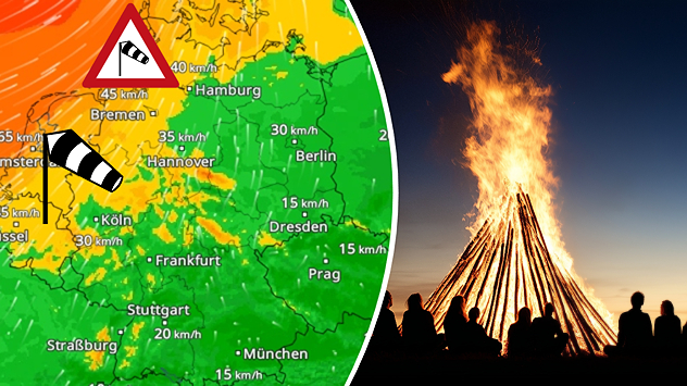 Wetterkarte mit Windstärken über Deutschland. Warnsymbole für stärkeren Wind sind eingezeichnet. Rechts ein großes Osterfeuer mit Menschen im Dunkeln.