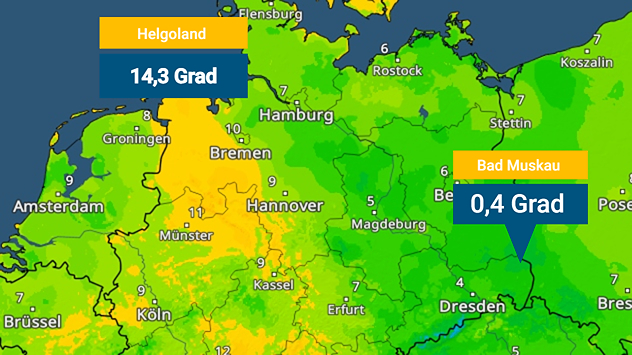 Wetterkarte mit Temperaturspanne zwischen Helgoland (14,3 Grad) und Bad Muskau (0,4 Grad).