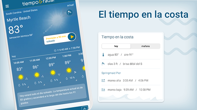 Discover the app. Descubre nuestra app. Tiempo y condiciones en la costa o lago cercano.