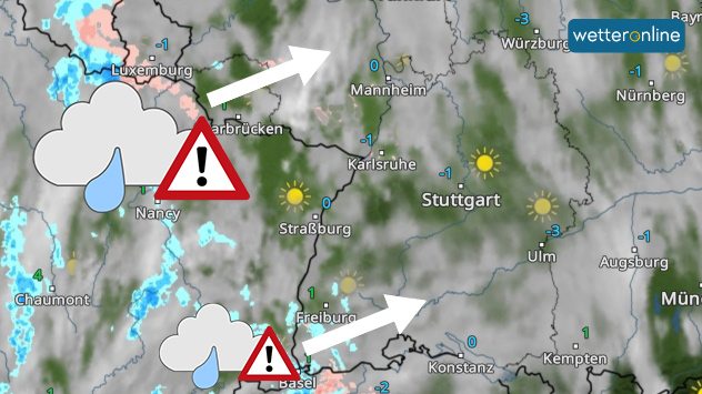 Gefrierender Sprühregen greift von Frankreich her auf Deutschland über.