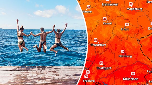 Drei Personen springen bei Sonnenschein in einen See. Rechts: TemperaturRadar (c) PeopleImages.com - Yuri A/Shutterstock.com