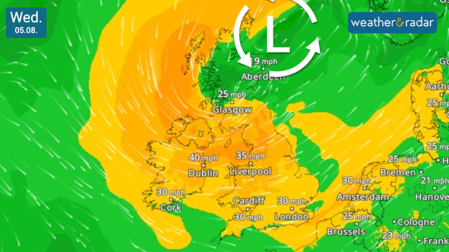 Wind forecast map of the UK and Ireland on Wednesday 05.08 showing a low-pressure system north of Scotland, with widespread winds of 25–40 mph across the British Isles. Strongest winds reach around 40 mph in Ireland and 35 mph across northern England, highlighted by airflow streamlines.