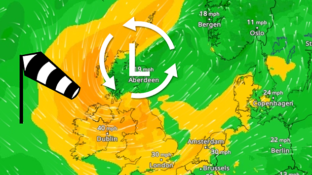 Wind forecast map of the UK and Ireland showing a low-pressure system north of Scotland, a windsock icon highlighting blustery conditions, and widespread winds of 30–40 mph across the British Isles, with the strongest winds around Ireland and northern Britain.