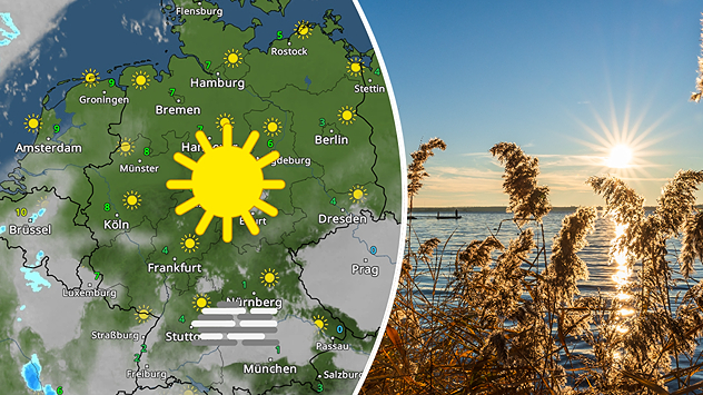 Links: WetterRadar-Karte vom 17. Dezember zeigt verbreitet sonniges Wetter in Deutschland, nur im Süden teils Nebel oder Hochnebel. Rechts: Sonniger Wintertag am See mit Schilf im Vordergrund und glitzerndem Sonnenlicht auf dem Wasser – klare, kalte Stimmung.