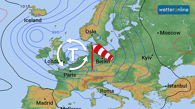 Wetterkarte mit Tiefdruckgebiet über Westeuropa und Sturmzeichen über Deutschland.