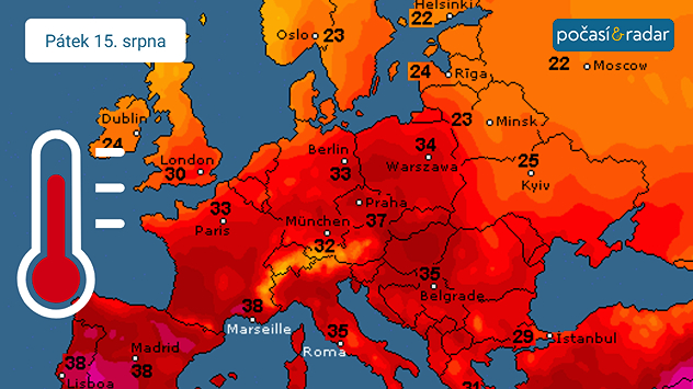Předpověď maximálních teplot v Evropě, pátek 15. srpna: Horko v Česku pravděpodobně vyvrcholí v pátek, kdy naměříme až 37 °C!