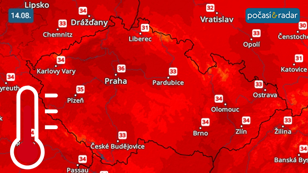 Předpověď maximálních teplot, čtvrtek 14. srpna: Ve čtvrtek bude ještě tepleji - na nejteplejších místech naší země přesáhnou odpolední teploty až 35 °C.