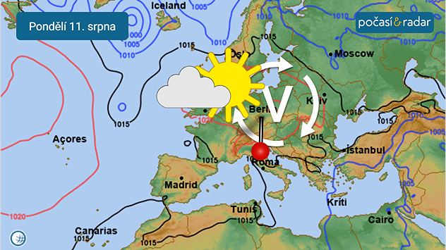 Mapa synoptické situace nad Evropou, pondělí 11. srpna: Stabilní, slunečné počasí do Česka v těchto dnech přináší tlaková výše, která pozvolna postupuje přes střední Evropu severovýchodním směrem. Česko se tak v dalších dnech ocitne ve velmi teplém jižním proudění na její zadní straně.
