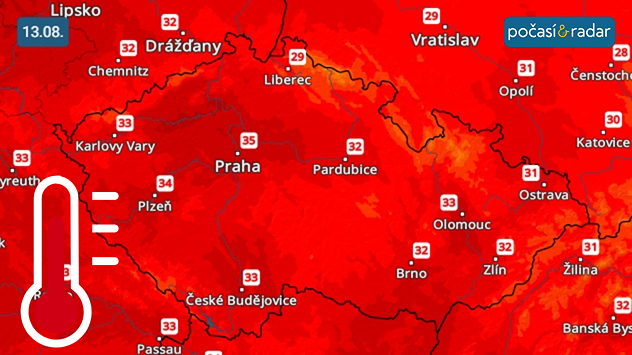 Předpověď maximálních teplot, středa 13. srpna: Středeční maxima v Česku porostou nejčastěji ke 30 až 35 °C.