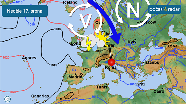 Předpověď synoptické situace nad Evropou, neděle 17. srpna: O víkendu by počasí ve střední Evropě měla ovlivnit oblast nižšího tlaku vzduchu. Pravdepodobně se tak dočkáme zvětšené oblačnosti s přeháňkami a bouřkami, přičemž teploty mírně poklesnou.