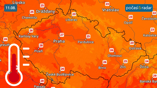 Předpověď maximálních teplot, pondělí 11. srpna: Pondělí do Česka přináší ještě mírnější odpolední teploty, nejčastěji do 28 °C.