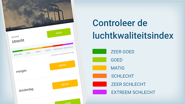 Een overzicht van de luchtkwaliteitsindex van de Weer & radar app. Met de luchtkwaliteitsindex ben je altijd op de hoogte of de lucht schoon is of veel schadelijke stoffen bevat.