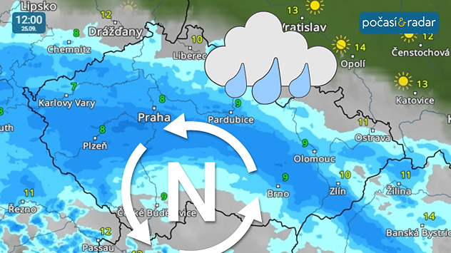 Meteoradar, screenshot, 25. 9. 12:00: Počasí v Česku ovlivní výšková tlaková níže. Zejména ve čtvrtek tak na většině území počítejme s trvalejšími srážkami.