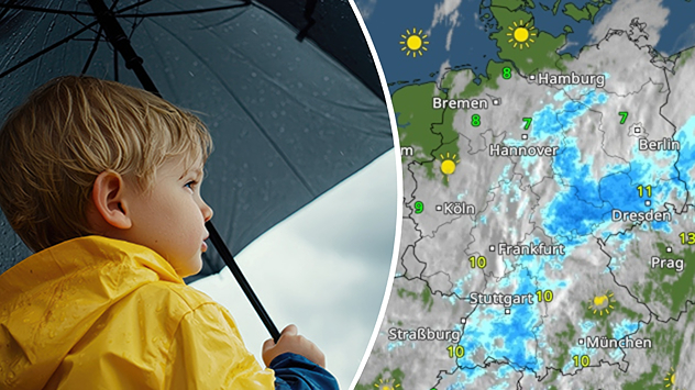 Links: Junge mit Regenschirm. Rechts: WetterRadar für Donnerstag.