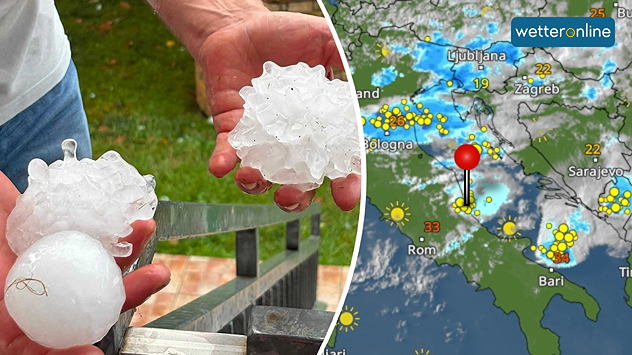 Zwei Hände halten riesige Hagelkörner, daneben eine Wetterkarte mit Gewittern und vielen Blitzen über der Adriaküste und dem westlichen Balkan.