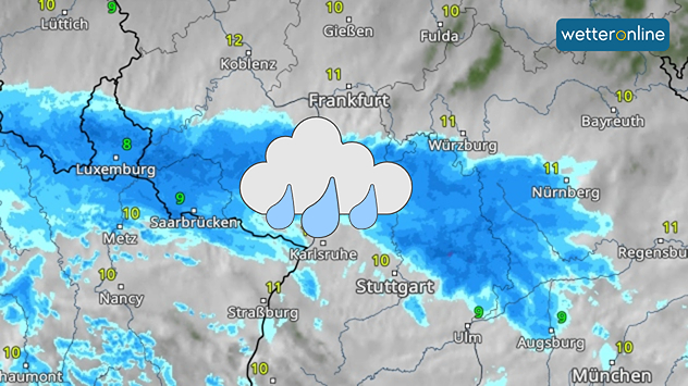WetterRadar zeigt Dauerregen über dem Südwesten Deutschlands