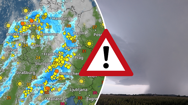 Image en deux parties. À gauche, une carte météo de l'Europe montrant des orages, des éclairs et un signal d'alerte. À droite, une photo d'un violent orage
