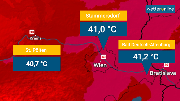Temperaturkarte vom Wiener Becken zeigt 39 bis 41,2 Grad an