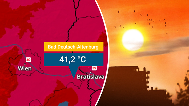 Links: Temperaturkarte vom Wiener Becken zeigt 39 bis 41,2 Grad an. Rechts: Leuchtend orangefarbener Sonnenuntergang über dunklen Gebäudesilhouetten, während ein Vogelschwarm am Himmel vorbeizieht.