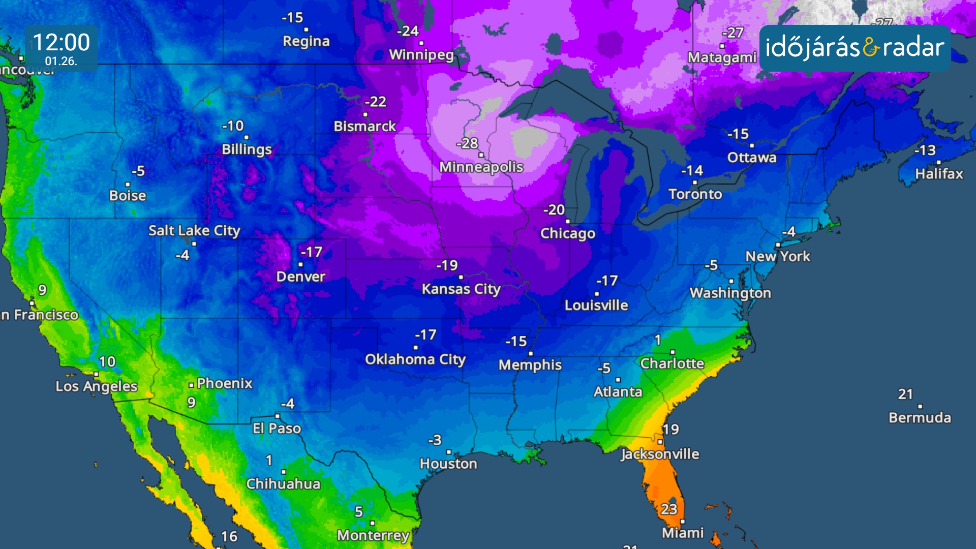 A hőmérséklet-radar rendkívül alacsony hőmérsékleteket mutat az Egyesült Államokban. HőmérsékletRadar: 