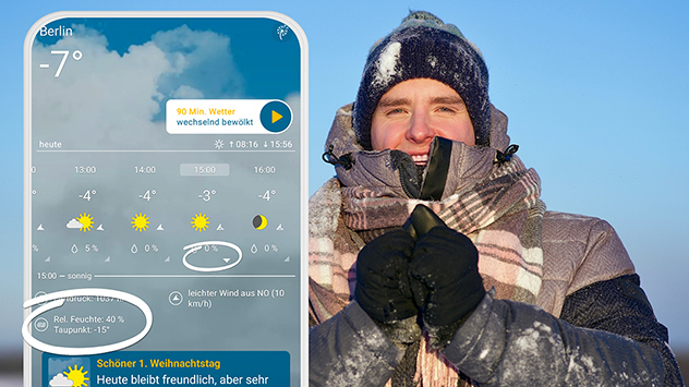 WetterOnline App mit hervorgehobenem Taupunkt. Daneben eine warm gekleidete Person bei Frost. Sonniges Winterwetter mit sehr trockener Luft.
