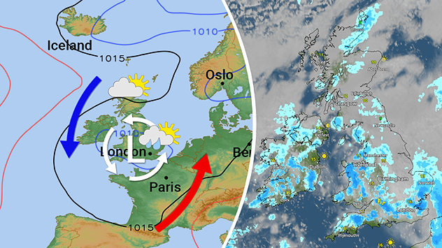 Split image showing the pressure pattern and direction of warm and cold air flows on the left and the forecasted cloud and rainfall for Sunday on the right.