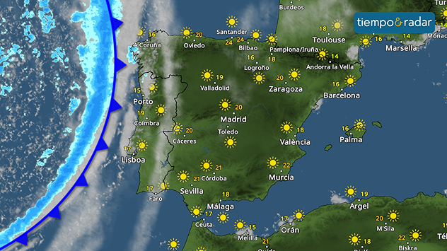 A partir del miércoles, las precipitaciones volverán de la mano de un frente que apenas penetrará en la Península y quedará restringido, principalmente, a Galicia.&nbsp;