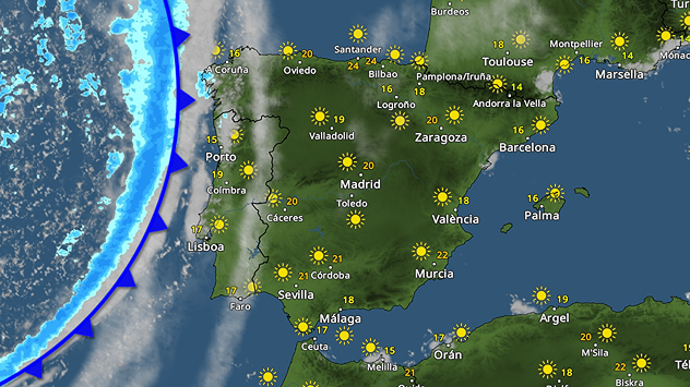A partir del miércoles, las precipitaciones volverán de la mano de un frente que apenas penetrará en la Península y quedará restringido, principalmente, a Galicia.&nbsp;