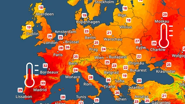 TemperaturRadar-Vorhersage für Freitag in Europa. Sehr hohe Temperaturen über Spanien und Osteuropa, etwas kühler im Norden und Westen.