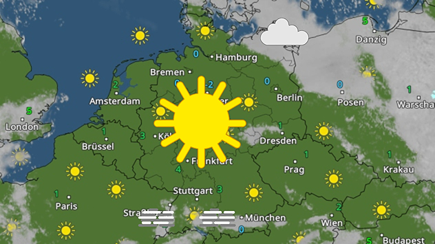 WetterRadar mit zahlreichen Sonnensymbolen über Deutschland. Kaum Niederschläge, nur wenige Wolkenfelder. Temperaturen meist im niedrigen einstelligen Bereich.