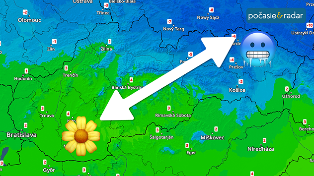 Snímka teplotného radaru - maximálne denné teploty pre 31. januára. Krížom cez Slovensko ide obojstranná šípka znázorňujúca teplotný rozdiel medzi regiónom Hont a severovýchodom Slovenska. Na severovýchode je symbol zamrznutého smajlíka ako symbol chladu, na juhu symbol kvietku ako symbol vlažnejšieho počasia.